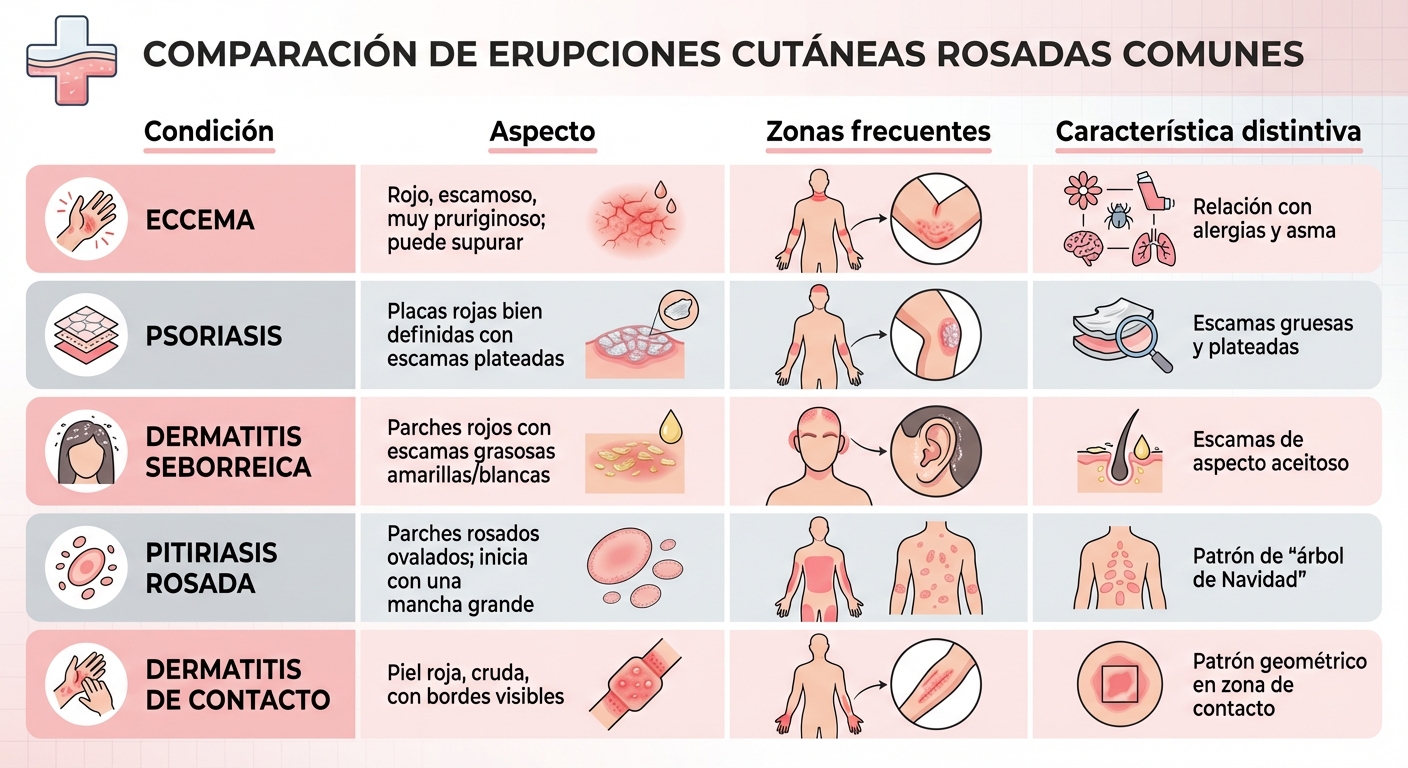 Comparación visual de causas de brotes rosados en la piel: síntomas y características