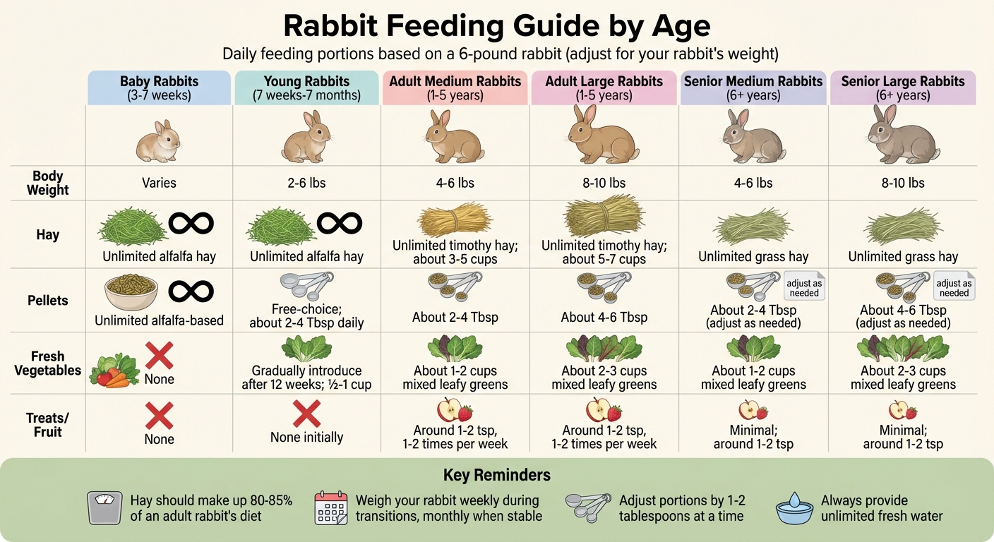 Rabbit Feeding Guide by Age: Daily Portions for Hay, Pellets, Vegetables and Treats