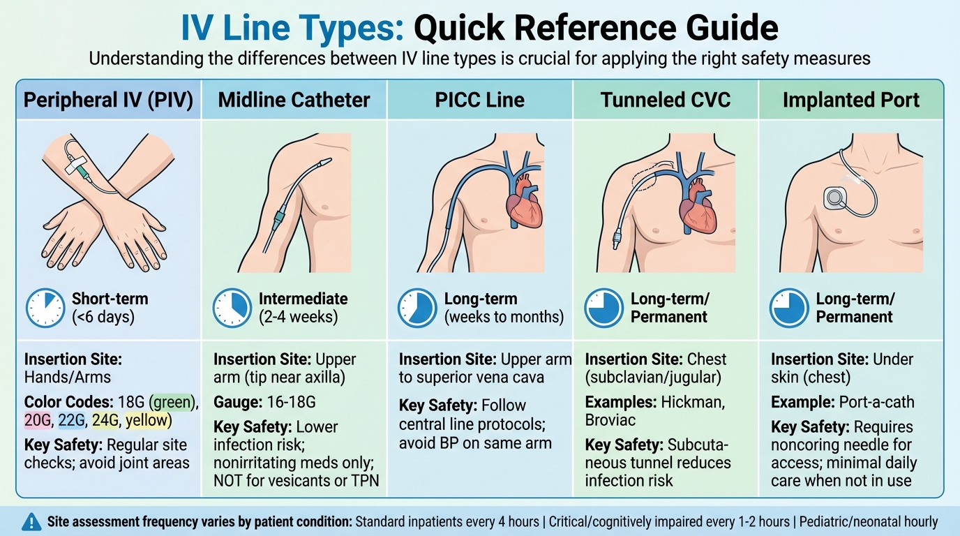 IV Line Types Comparison Chart: Duration, Insertion Sites, and Safety Requirements