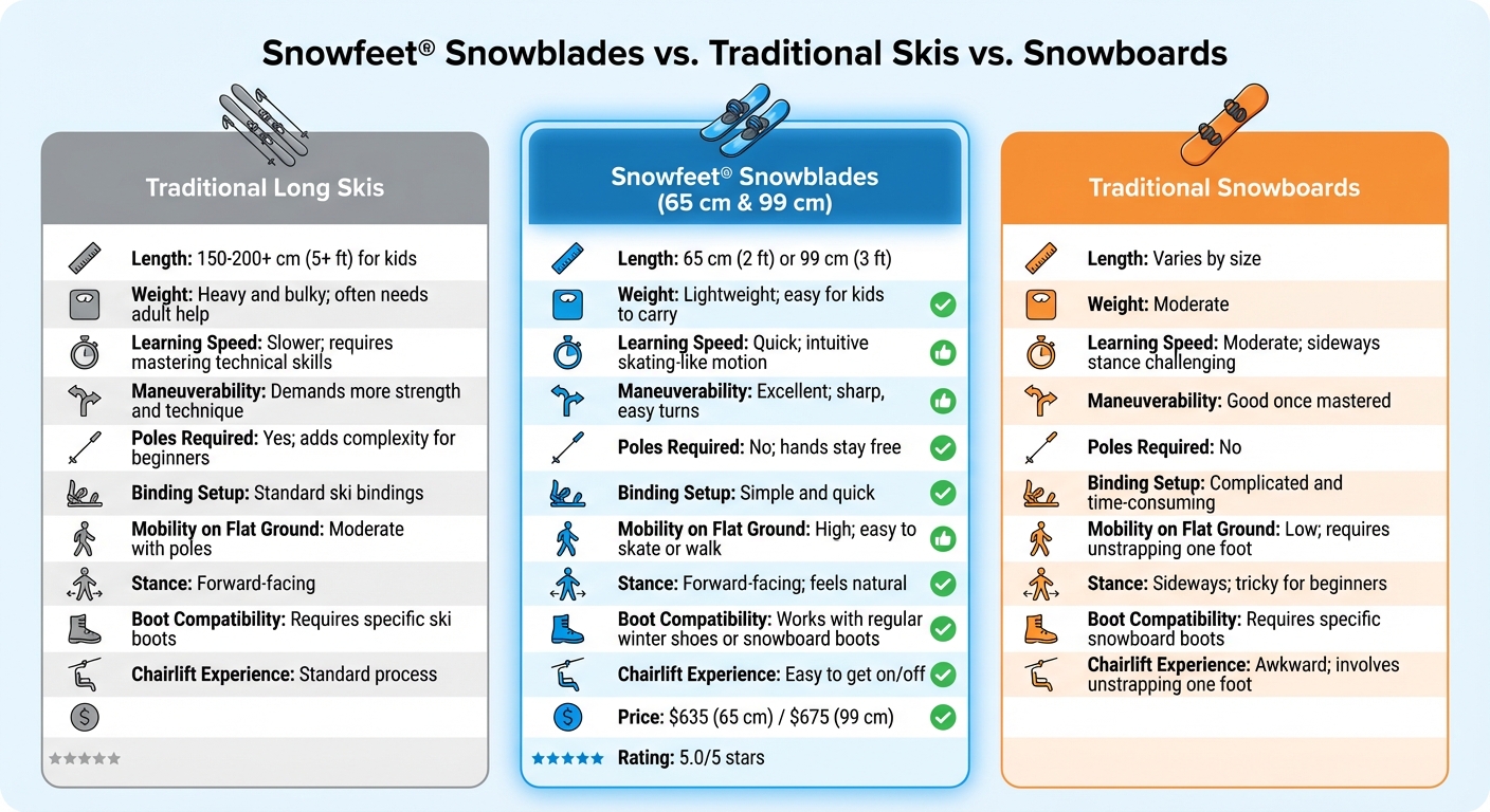 Snowfeet Snowblades vs Traditional Skis vs Snowboards Comparison Chart for Kids