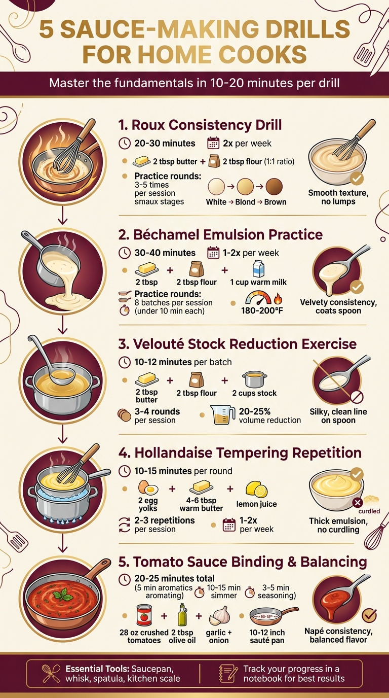 5 Essential Sauce-Making Drills for Home Cooks with Practice Times and Key Techniques