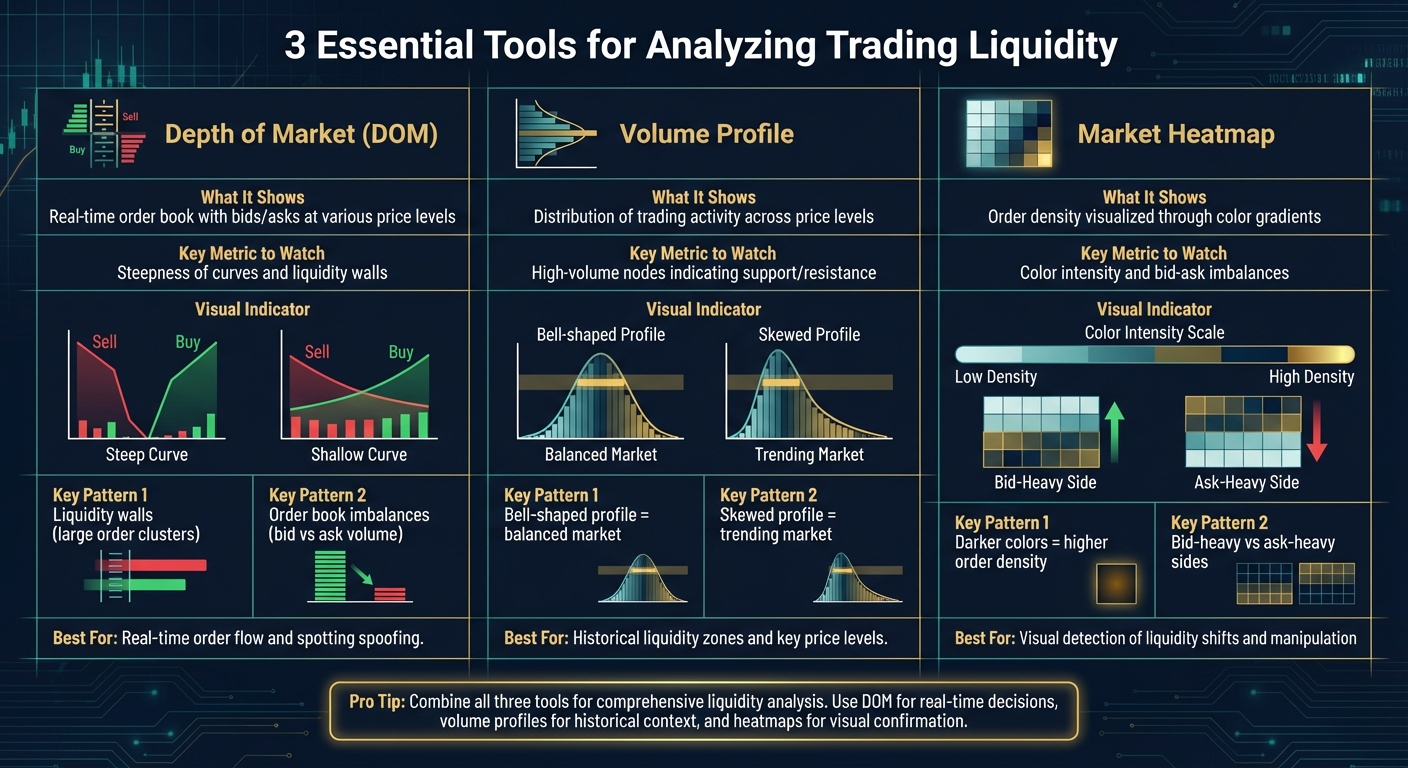 Trading Liquidity Analysis Tools Comparison: DOM vs Volume Profile vs Market Heatmap