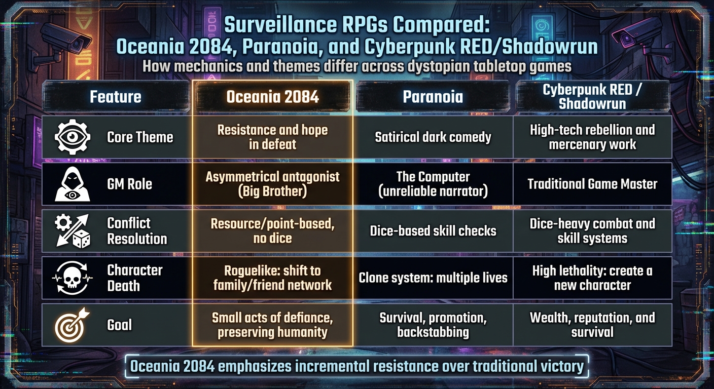 Oceania 2084 vs Other Surveillance RPGs: Mechanics and Themes Comparison