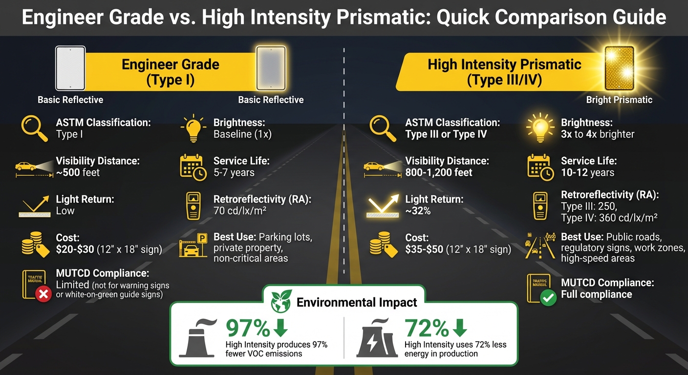 Engineer Grade vs High Intensity Reflective Sheeting Comparison Chart