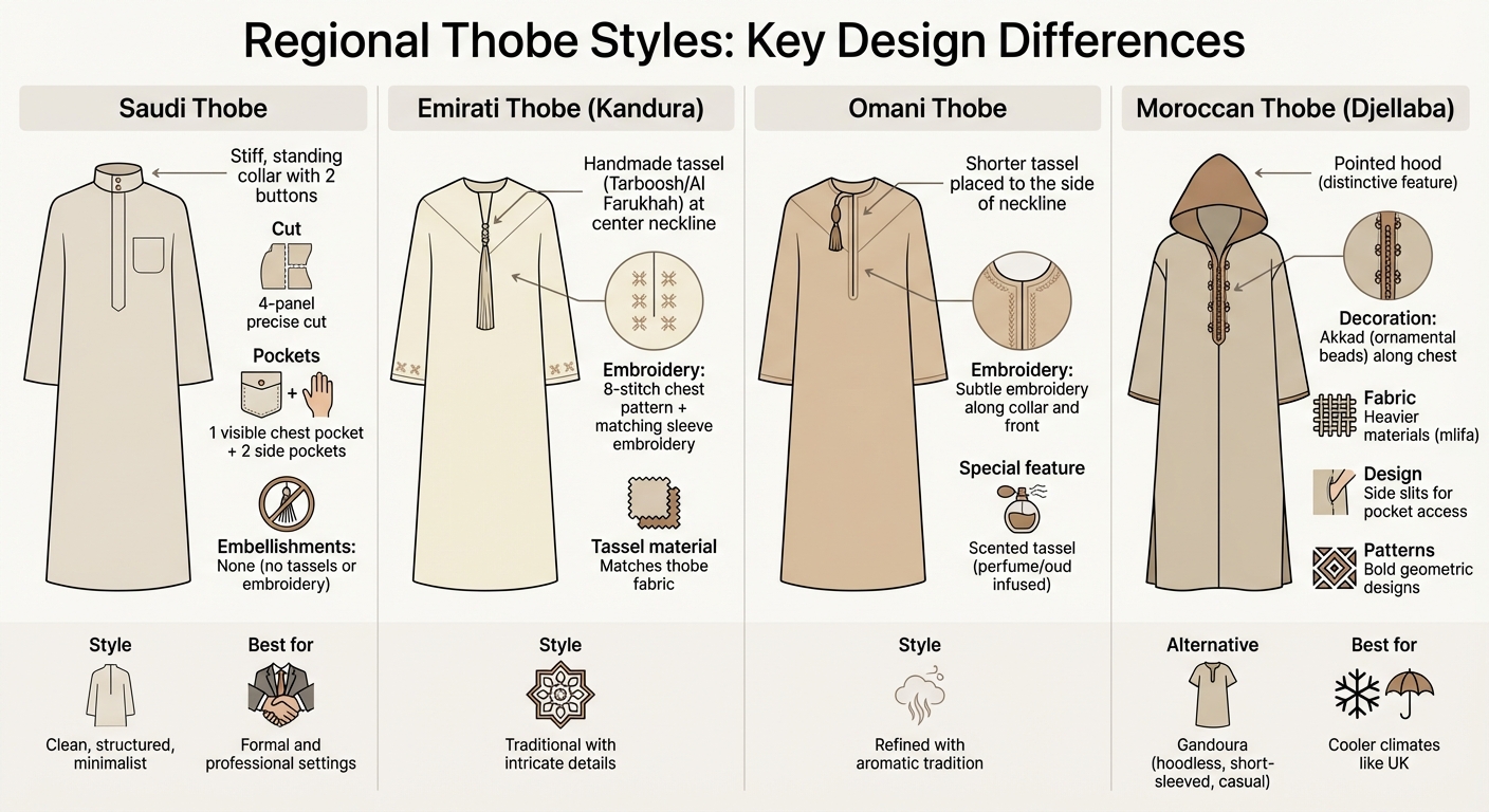Regional Thobe Styles Comparison: Saudi, Emirati, Omani and Moroccan Designs
