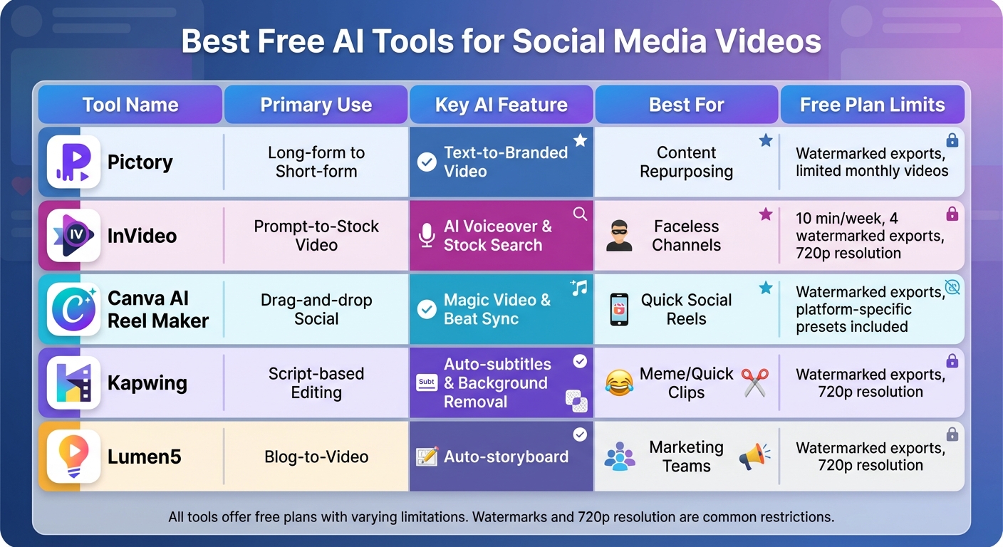 Comparison of Top 5 Free AI Video Tools for Social Media