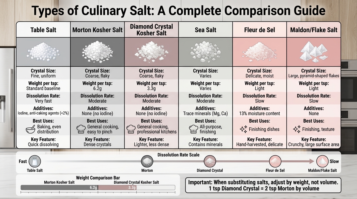 Types of Culinary Salt: Crystal Size, Weight, and Best Uses Comparison Chart