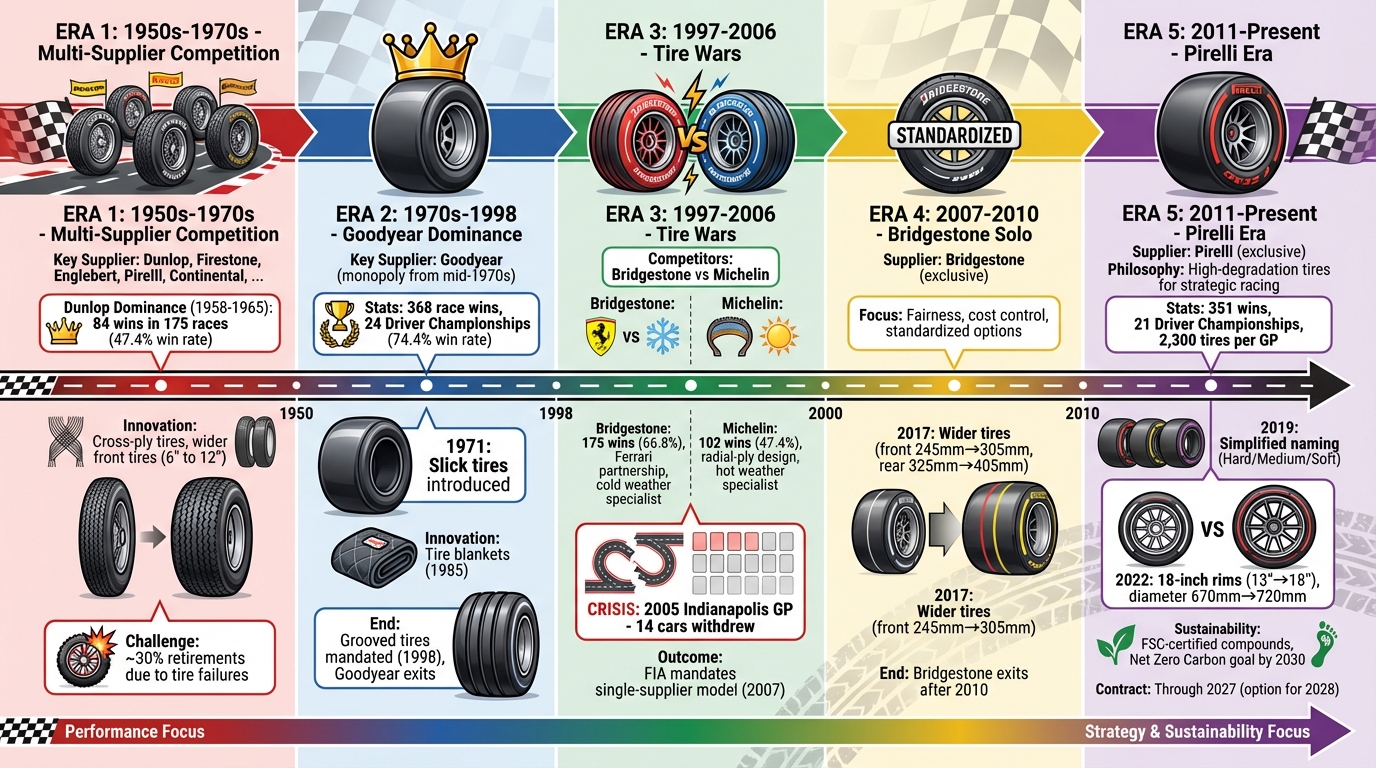 Evolution of F1 Tire Suppliers from 1950s to Present