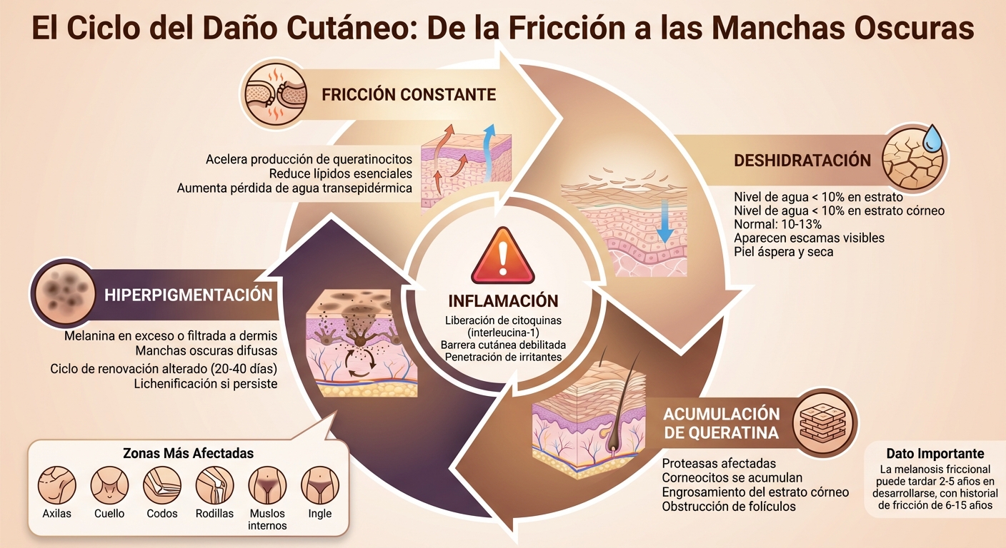 Ciclo de daño cutáneo: fricción, deshidratación y hiperpigmentación