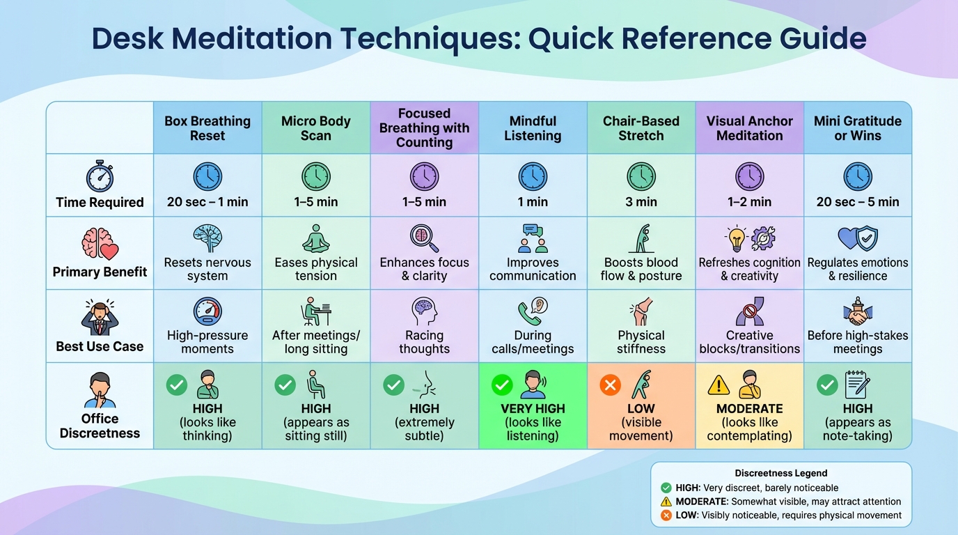 7 Desk Meditation Techniques Comparison Chart