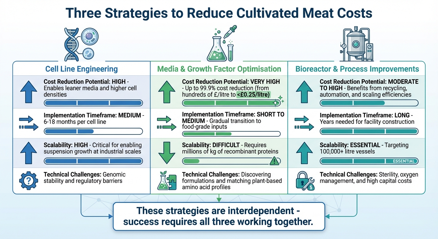 Comparing Three Strategies to Reduce Cultivated Meat Production Costs