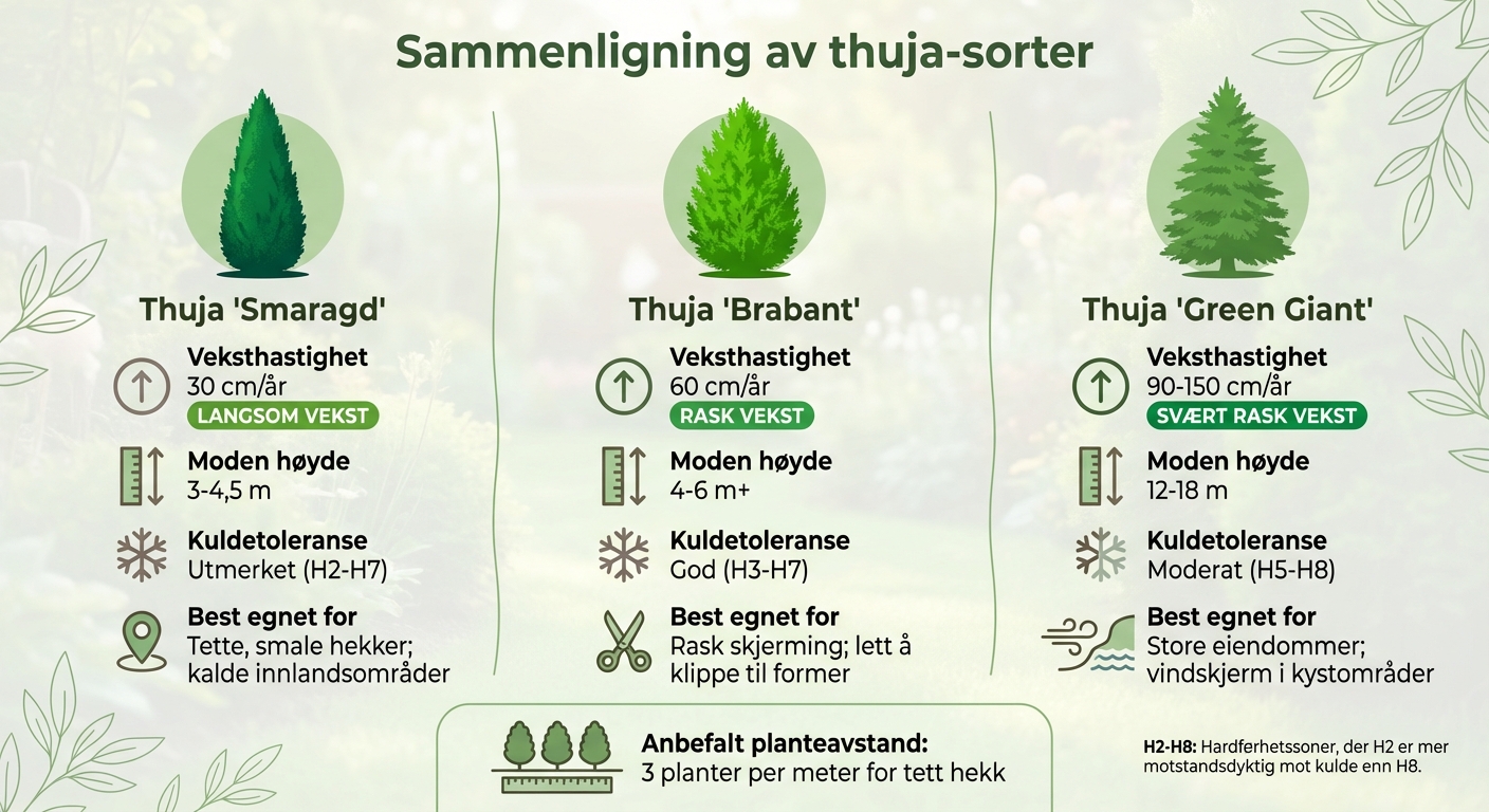 Sammenligning av thuja-sorter: Smaragd, Brabant og Green Giant