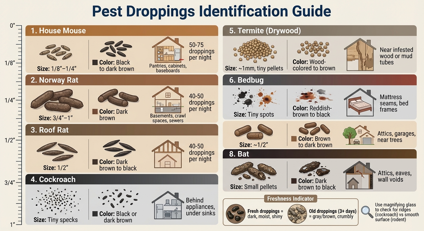 Visual Guide to Common Pest Droppings: Size, Shape, and Location Comparison Chart