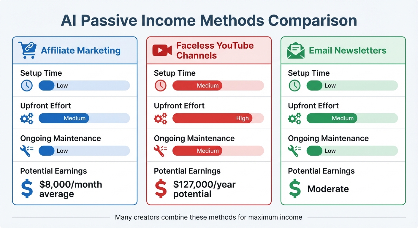 AI Passive Income Methods Comparison: Setup Time, Effort, and Earnings Potential