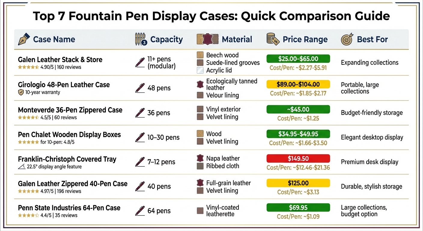 Fountain Pen Display Cases Comparison: Capacity, Materials, and Prices