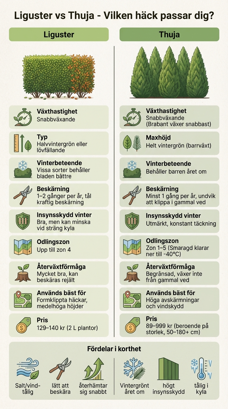 Liguster vs Thuja häck jämförelse - egenskaper och skillnader