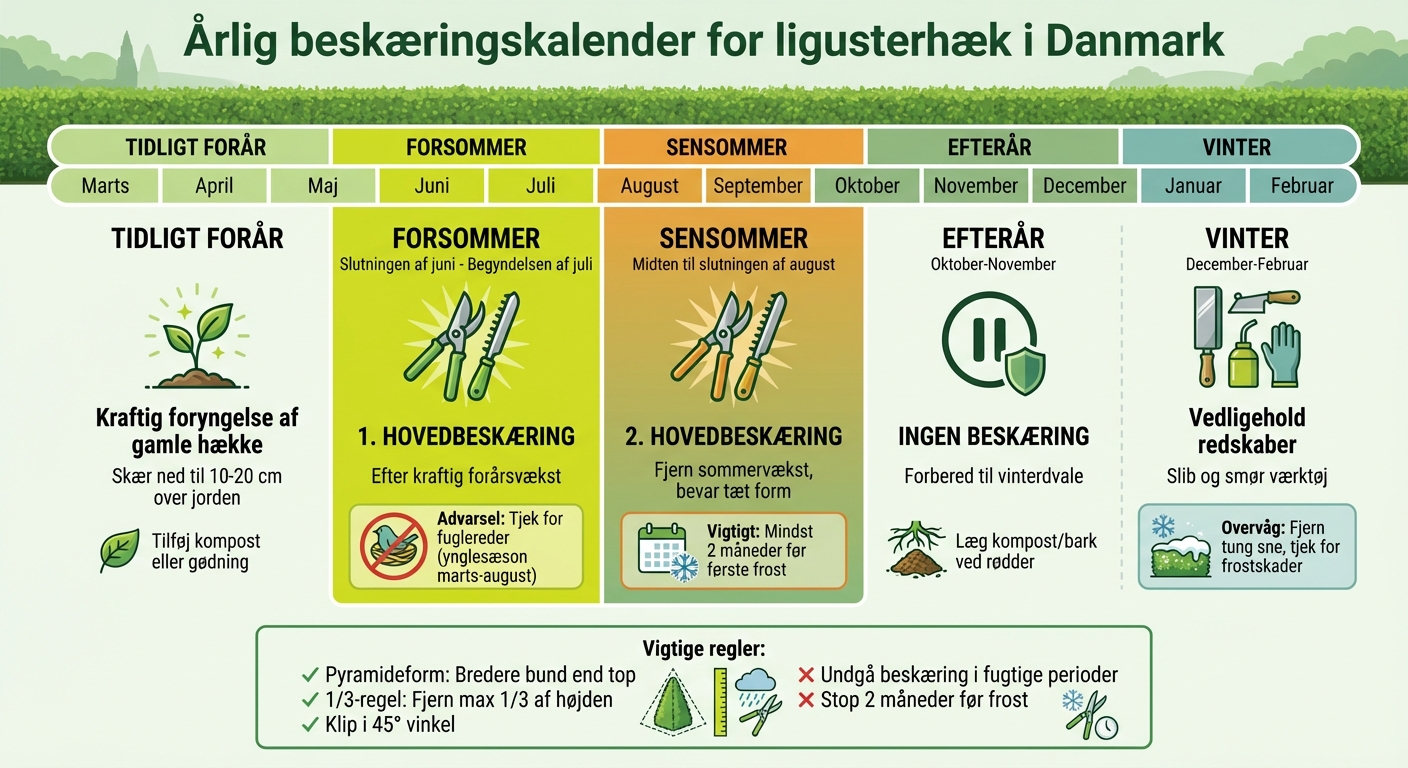Årlig beskæringskalender for ligusterhæk i Danmark