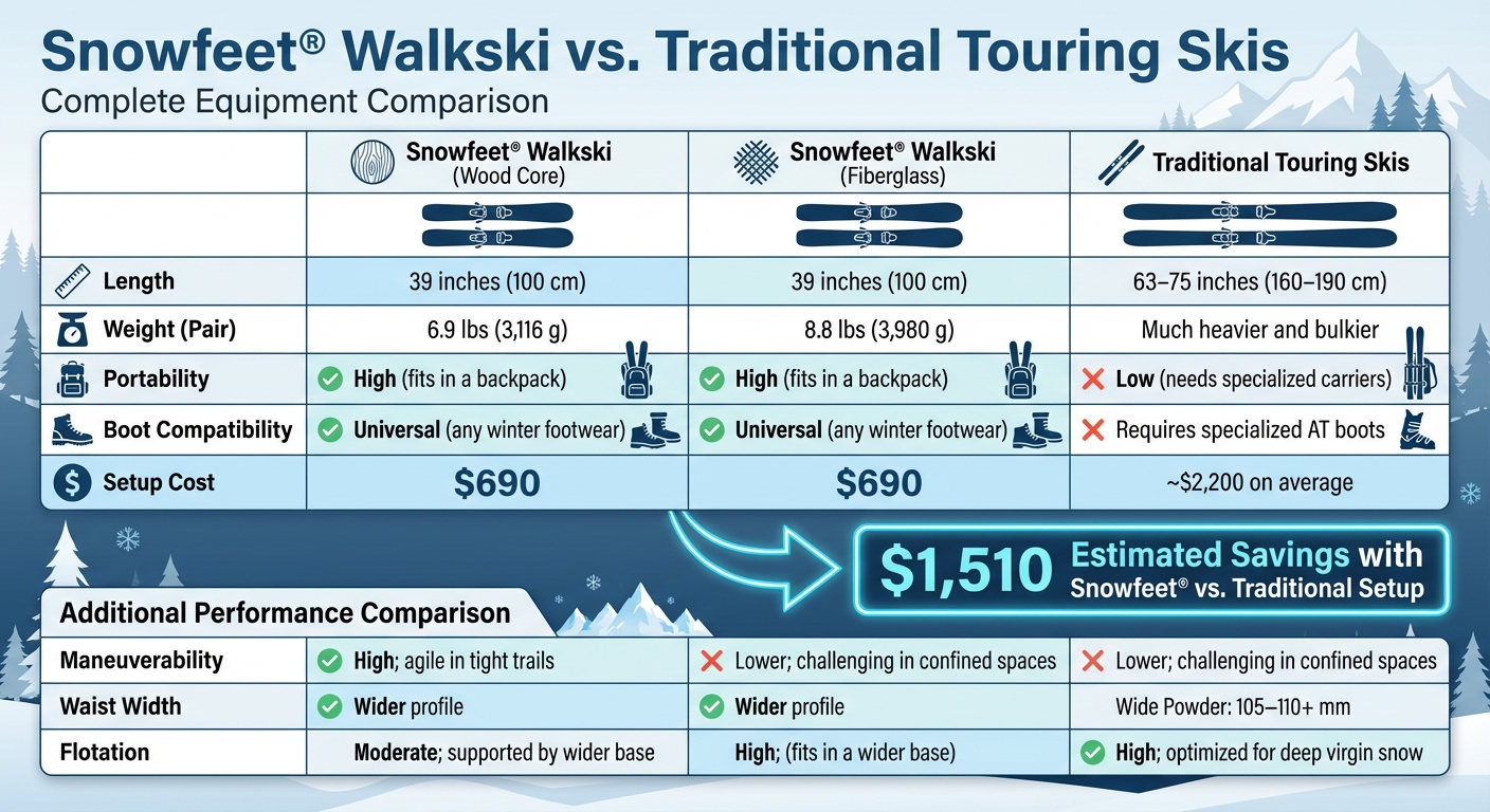 Snowfeet Walkski vs Traditional Touring Skis Comparison Chart