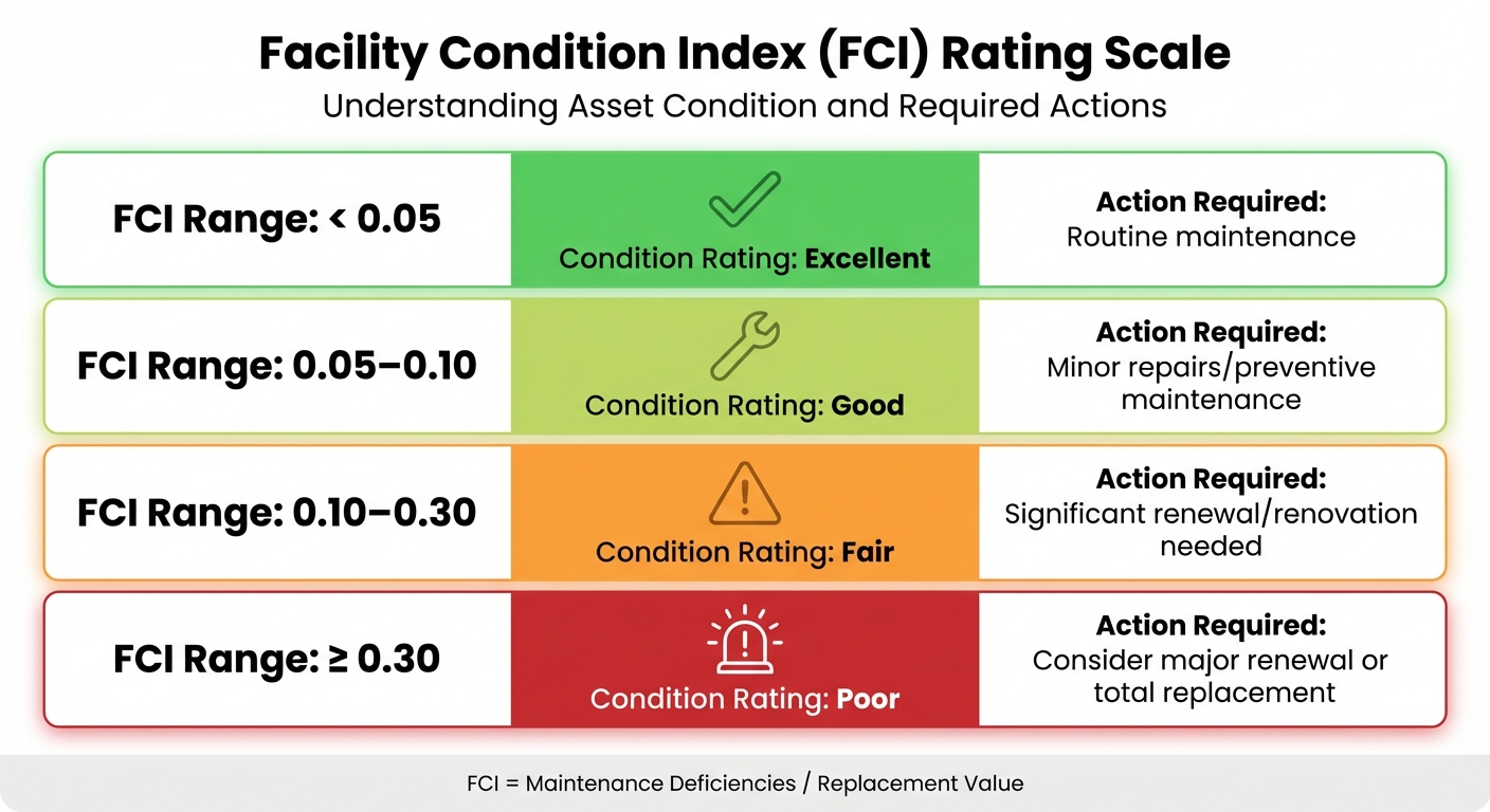 Échelle d'évaluation de l'indice d'état des installations (FCI) et mesures requises