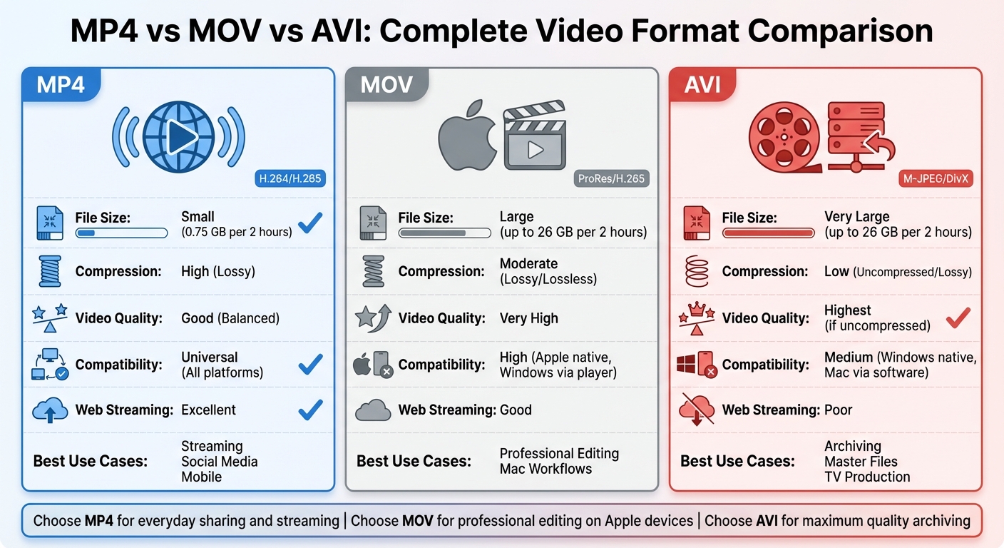 MP4 vs MOV vs AVI Video Format Comparison Chart