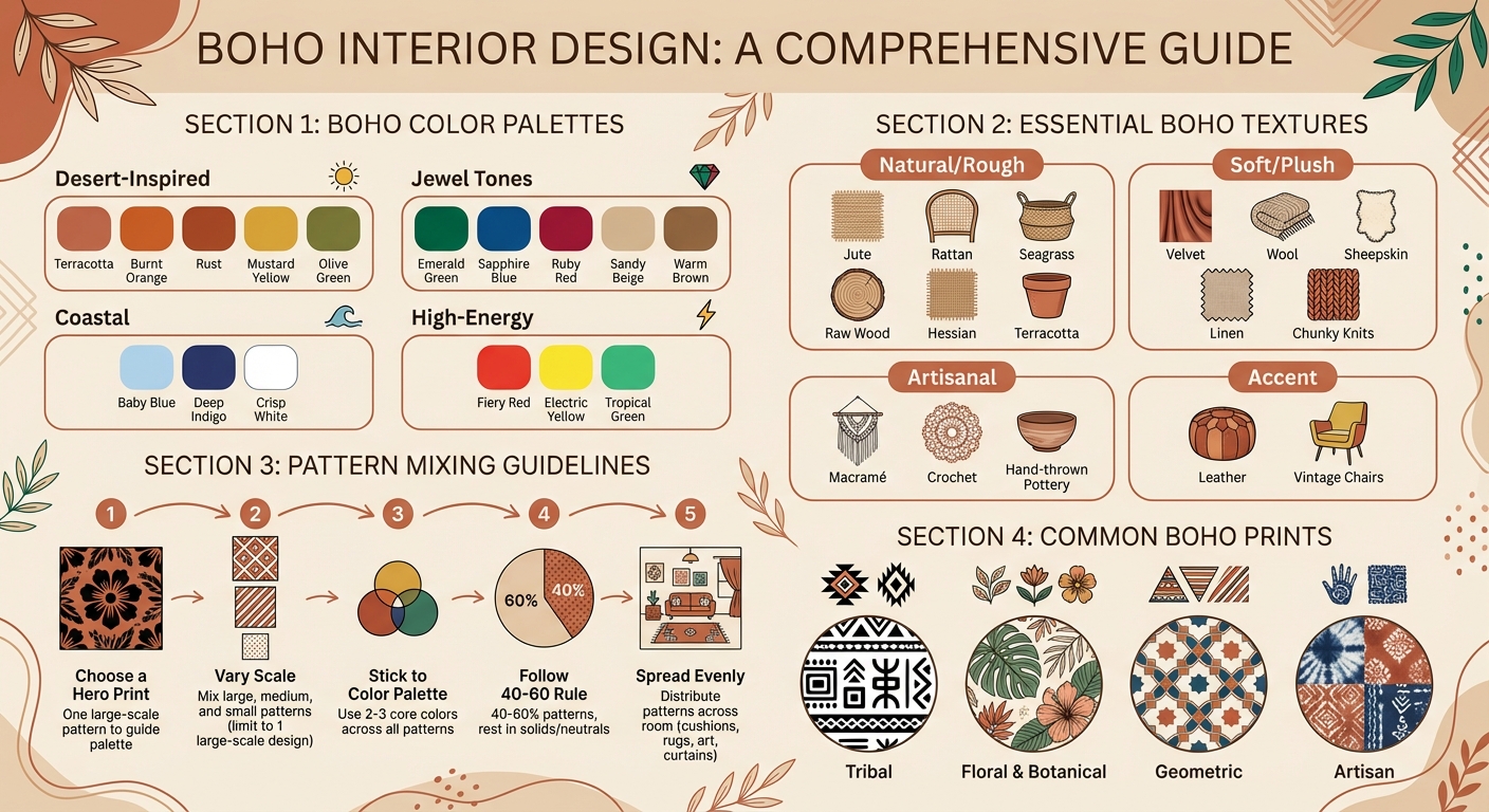 Boho Interior Design Guide: Color Palettes, Textures, and Print Mixing Rules