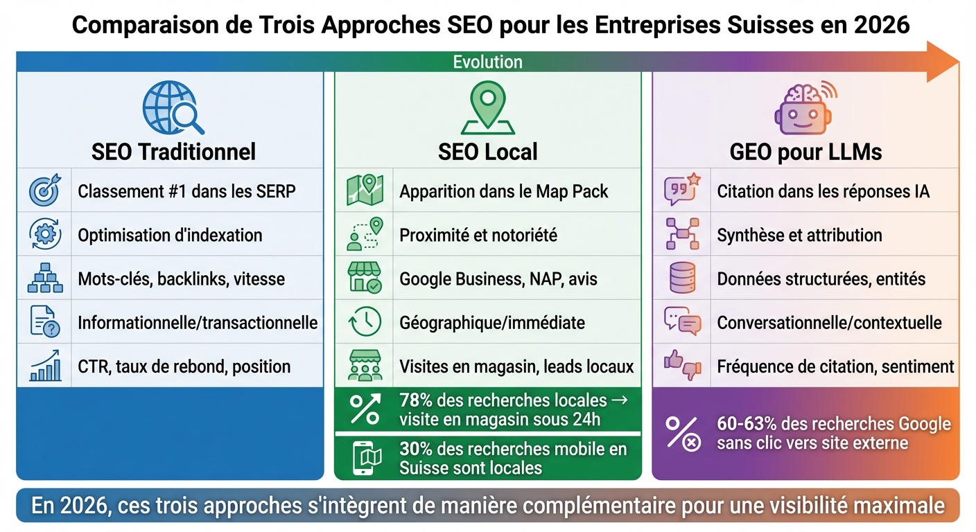 Comparison Traditional SEO vs Local SEO vs GEO for LLMs in 2026