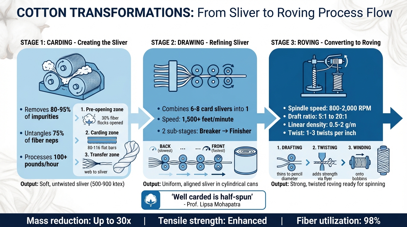 Cotton Fiber Transformation Process: From Sliver to Roving in 3 Stages
