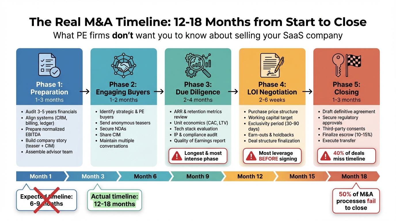 Complete SaaS M&A Timeline: 5 Phases from Preparation to Closing (12-18 Months)