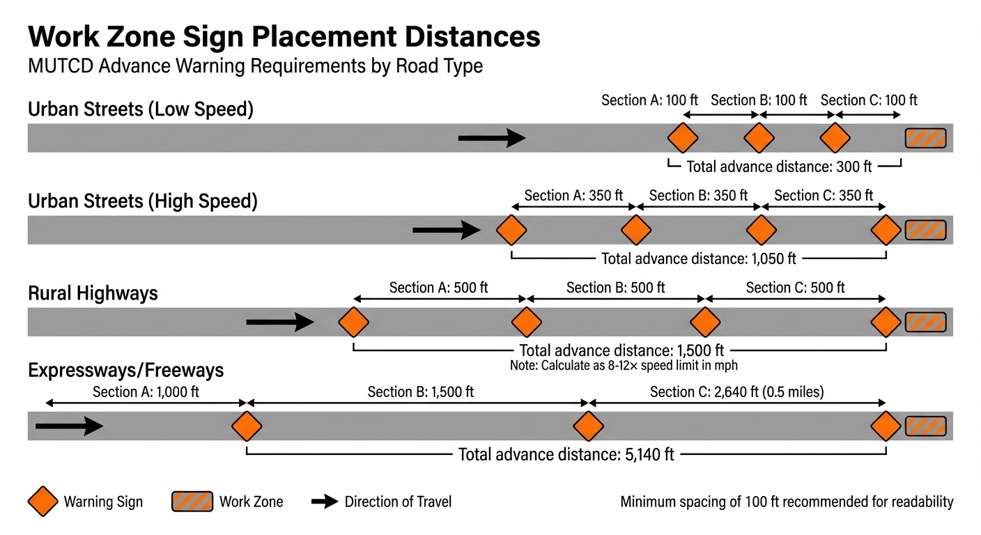 MUTCD Work Zone Sign Placement Distances by Road Type