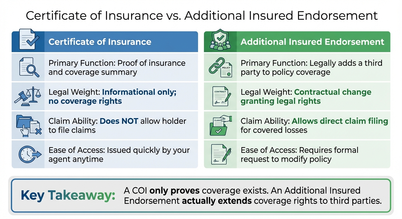 Certificate of Insurance vs Additional Insured Endorsement Comparison