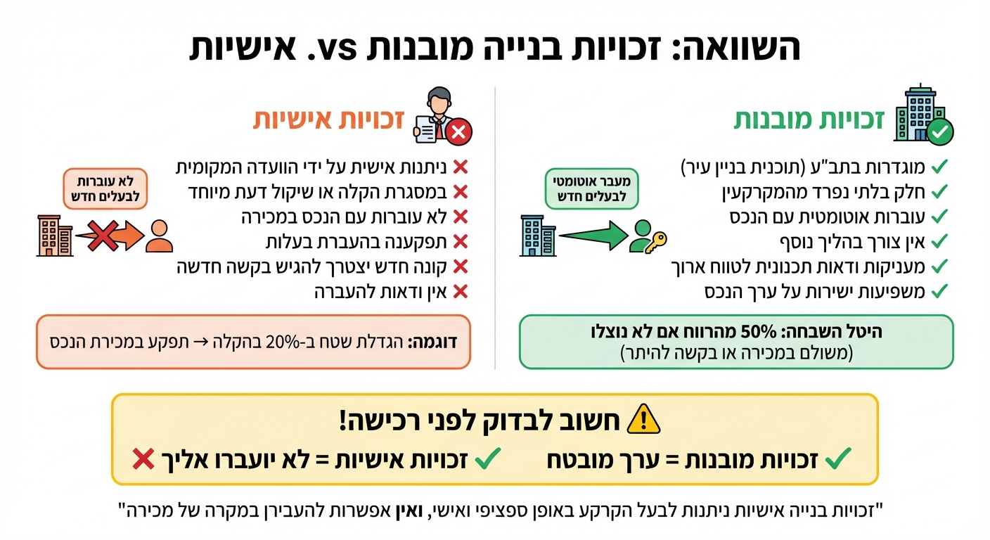 השוואה בין זכויות בנייה מובנות לאישיות - מה עובר עם הנכס?