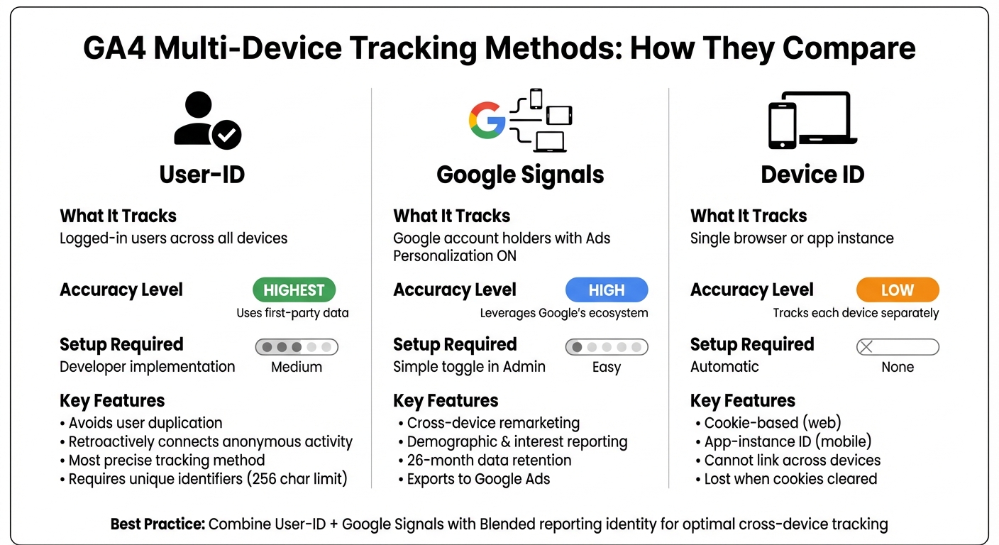 GA4 Multi-Device Tracking Methods Comparison: User-ID vs Google Signals vs Device ID