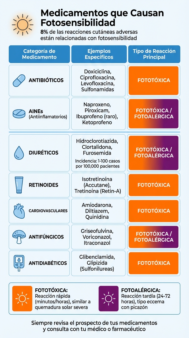 Medicamentos fotosensibilizantes: categorías, ejemplos y tipos de reacciones