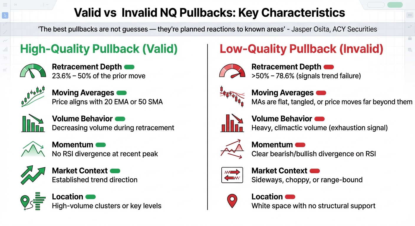 Valid vs Invalid NQ Pullback Characteristics Comparison Chart