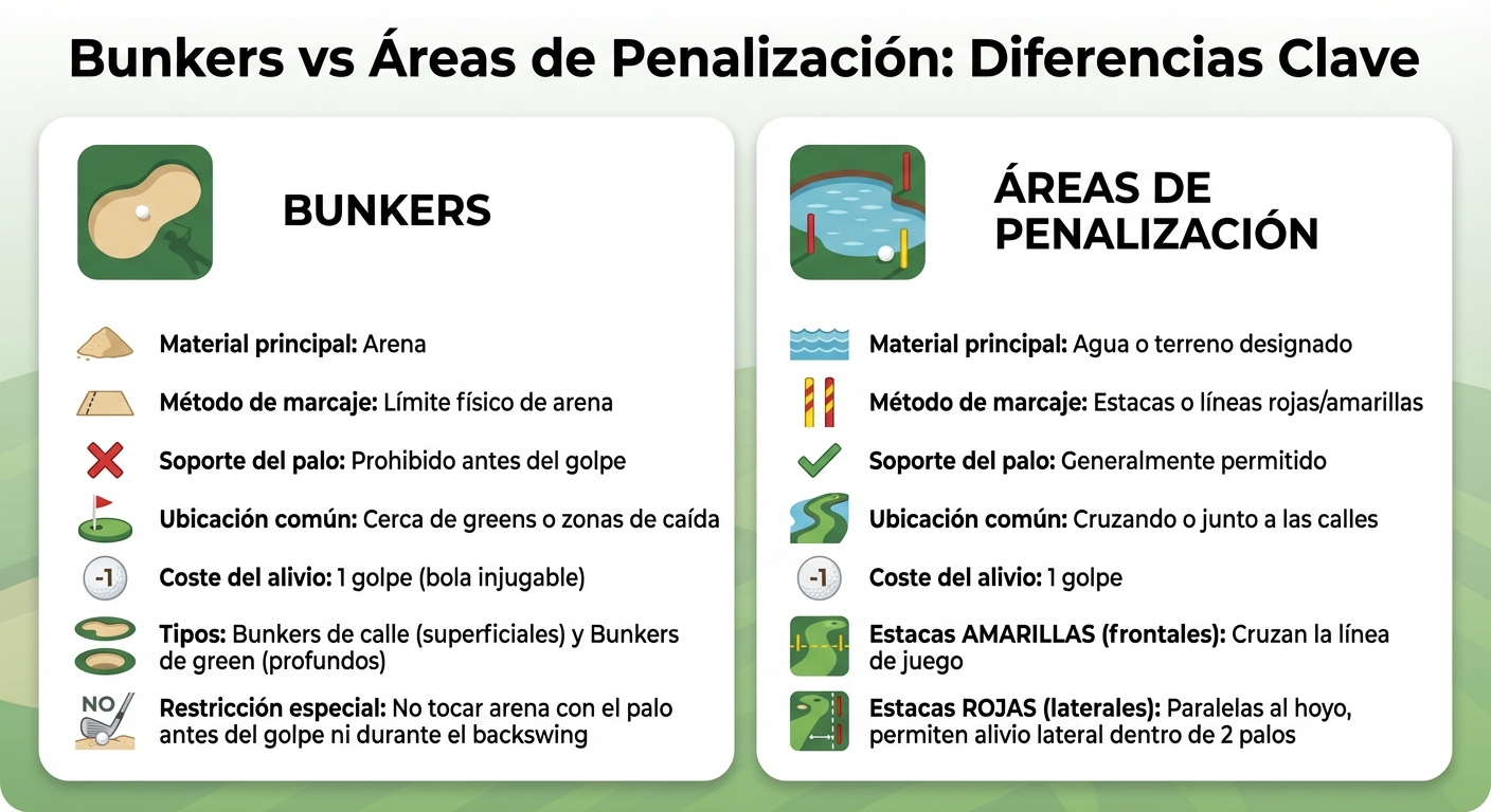 Comparación entre bunkers y áreas de penalización en golf