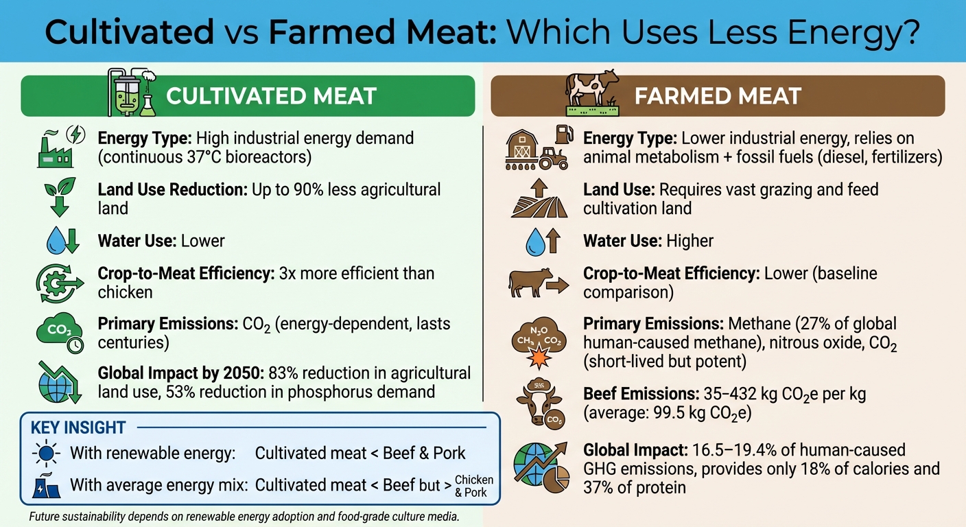 Cultivated vs Farmed Meat: Energy, Land Use, and Environmental Impact Comparison