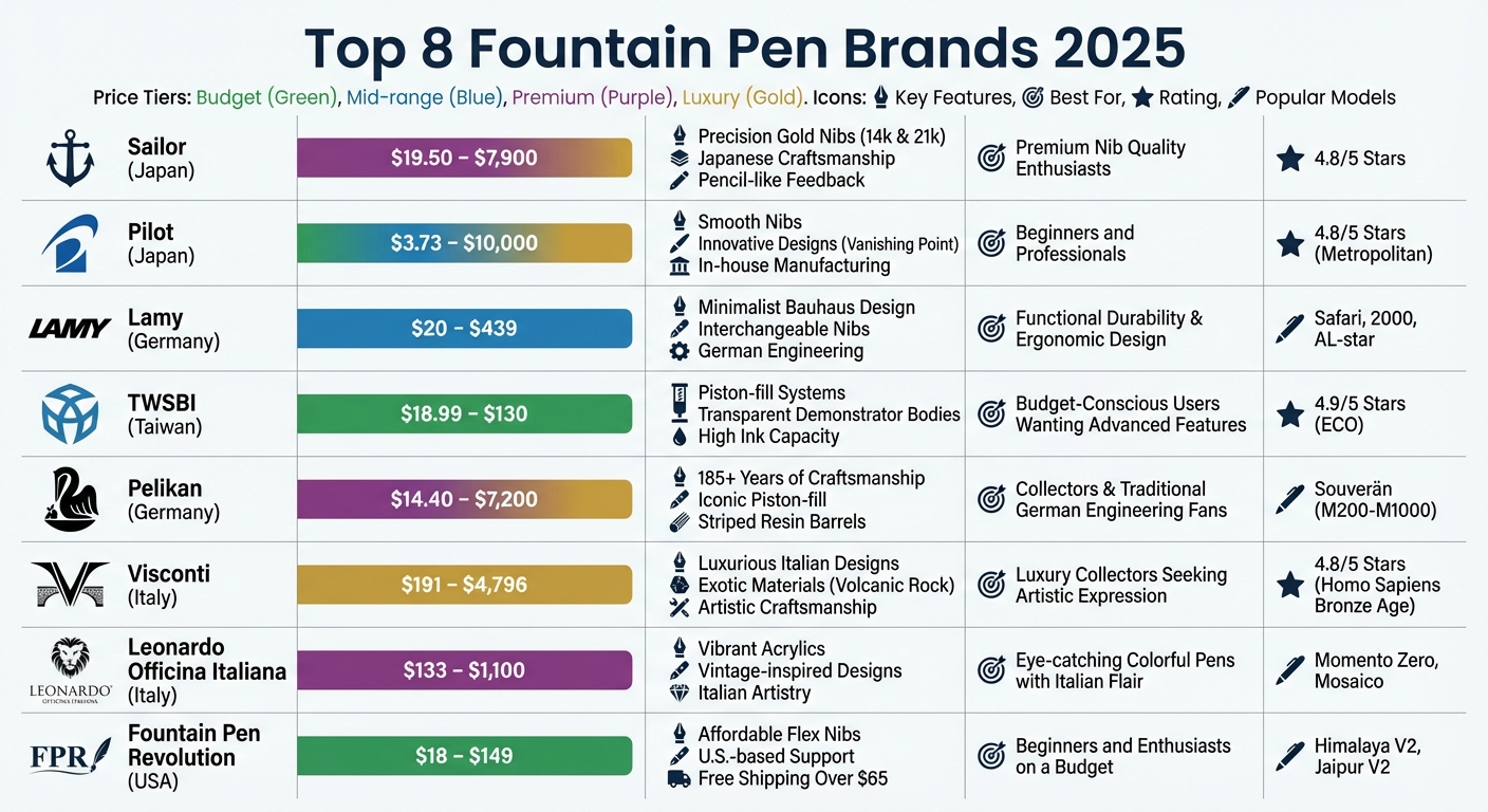 Top 8 Fountain Pen Brands 2025: Price Range and Key Features Comparison