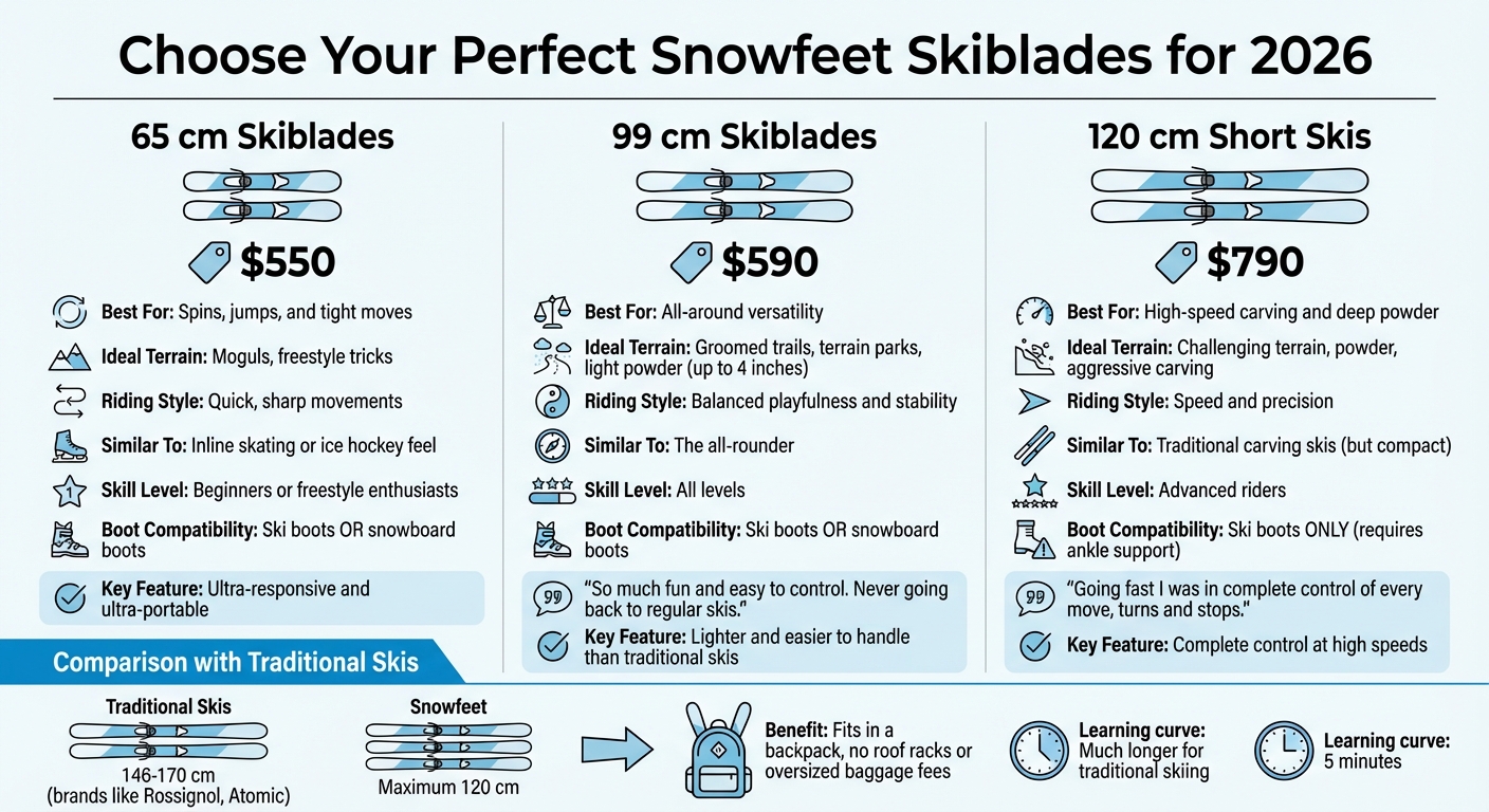 Snowfeet Skiblades Comparison Guide: 65cm vs 99cm vs 120cm Models