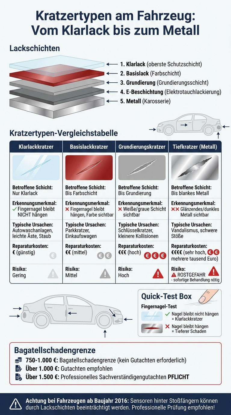 Kratzertypen am Fahrzeug: Tiefe, Erkennungsmerkmale und Reparaturkosten im Vergleich