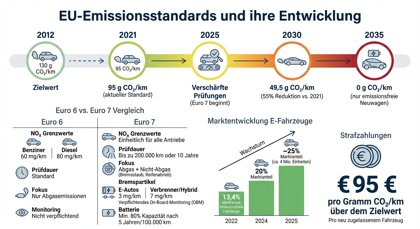 EU-Emissionsstandards Entwicklung: CO₂-Grenzwerte 2012-2035 und Euro 6 vs Euro 7 Vergleich