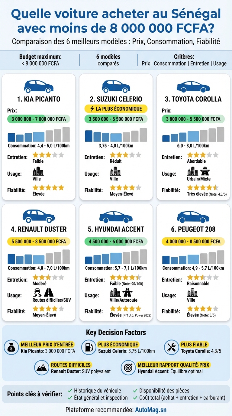 Comparaison des meilleures voitures à petit budget au Sénégal (moins de 8M FCFA)