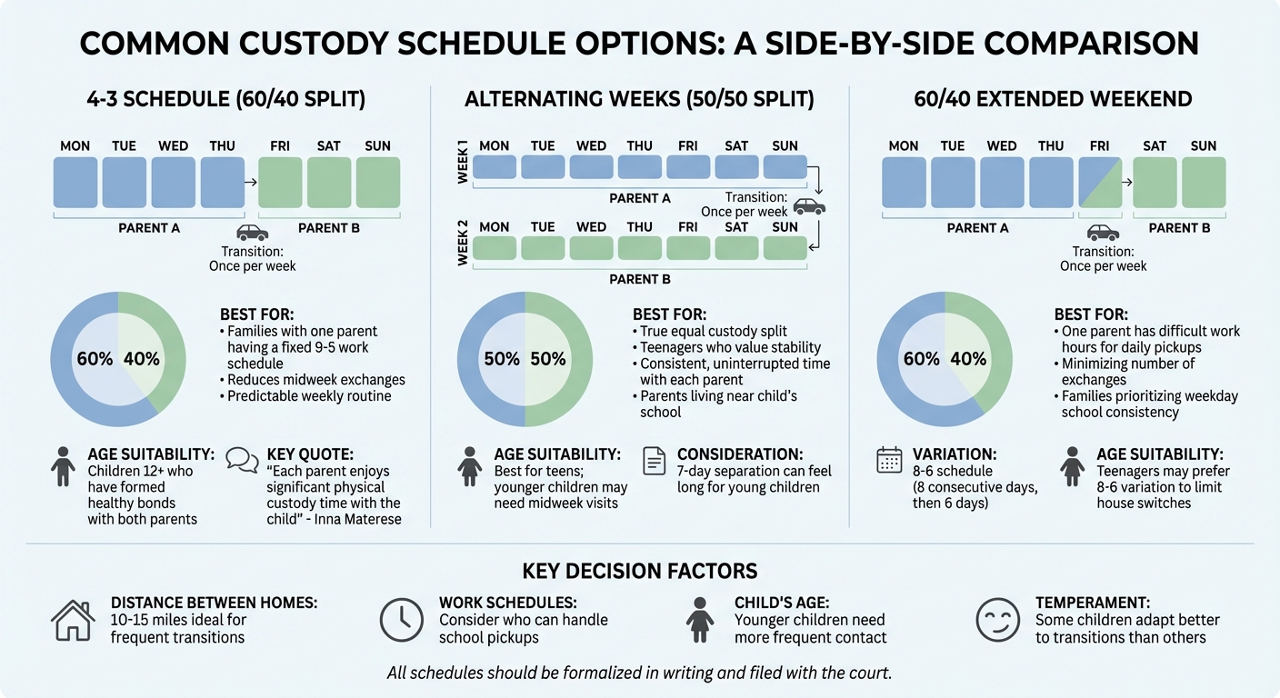 Common Custody Schedules Comparison: 4-3, Alternating Weeks, and 60/40 Plans