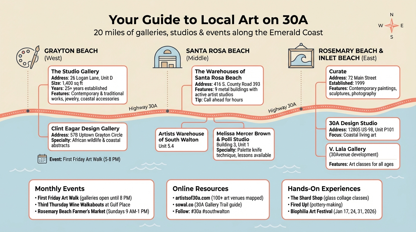 30A Art Gallery Guide: Locations and Key Features by Beach Community