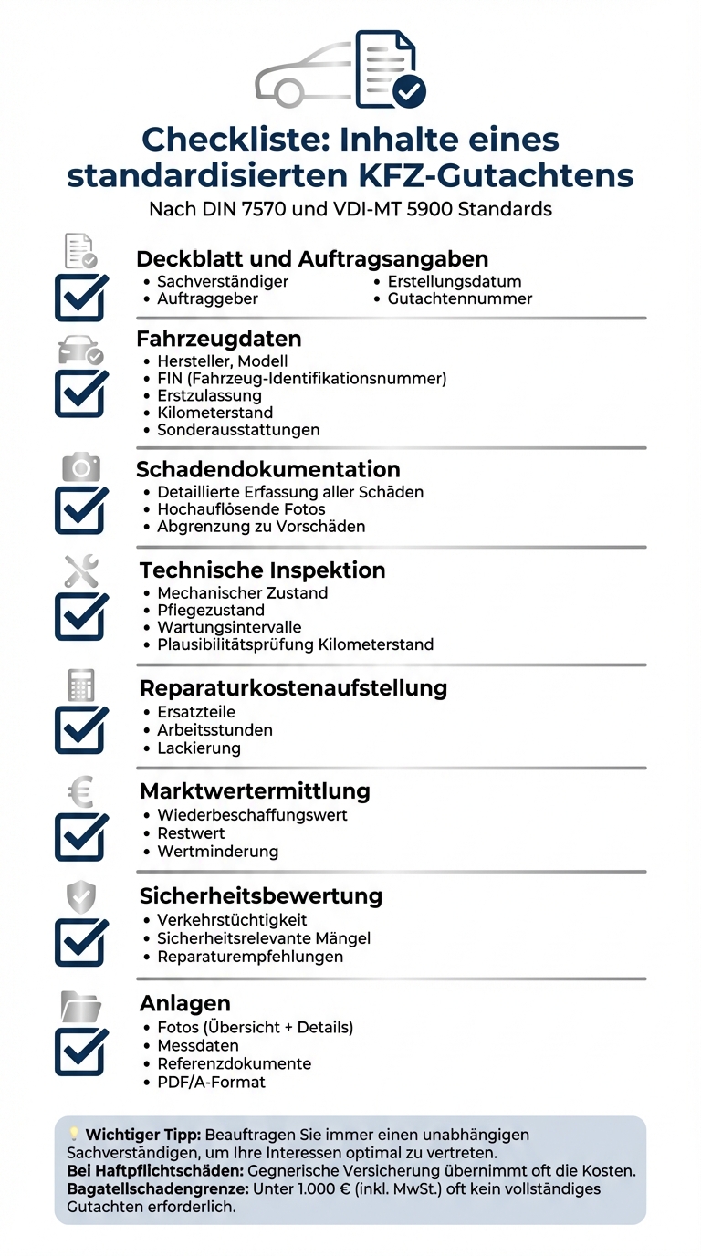 Pflichtbestandteile eines standardisierten KFZ-Gutachtens nach DIN 7570