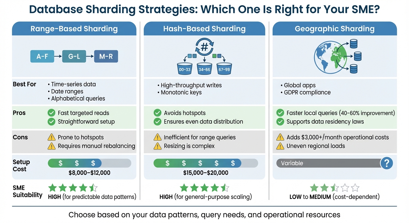 Database Sharding Strategies Comparison: Range-Based vs Hash-Based vs Geographic