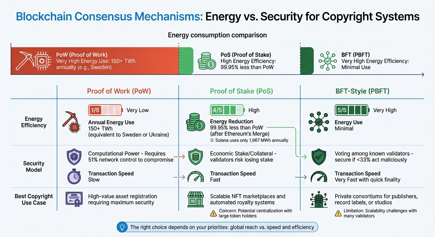 Blockchain Consensus Mechanisms for Copyright: Energy Use vs Security Comparison