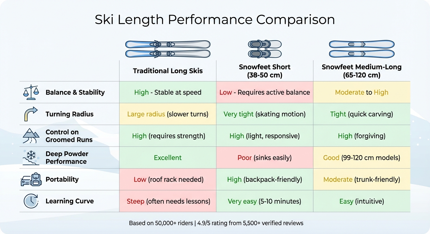 Comparație lungime schiuri: Schiuri tradiționale lungi vs Snowfeet Schiuri scurte - Grafic de performanță