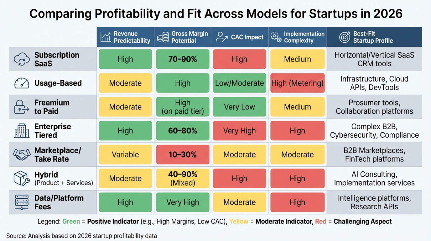 Startup Revenue Models 2026: Profitability Comparison Chart
