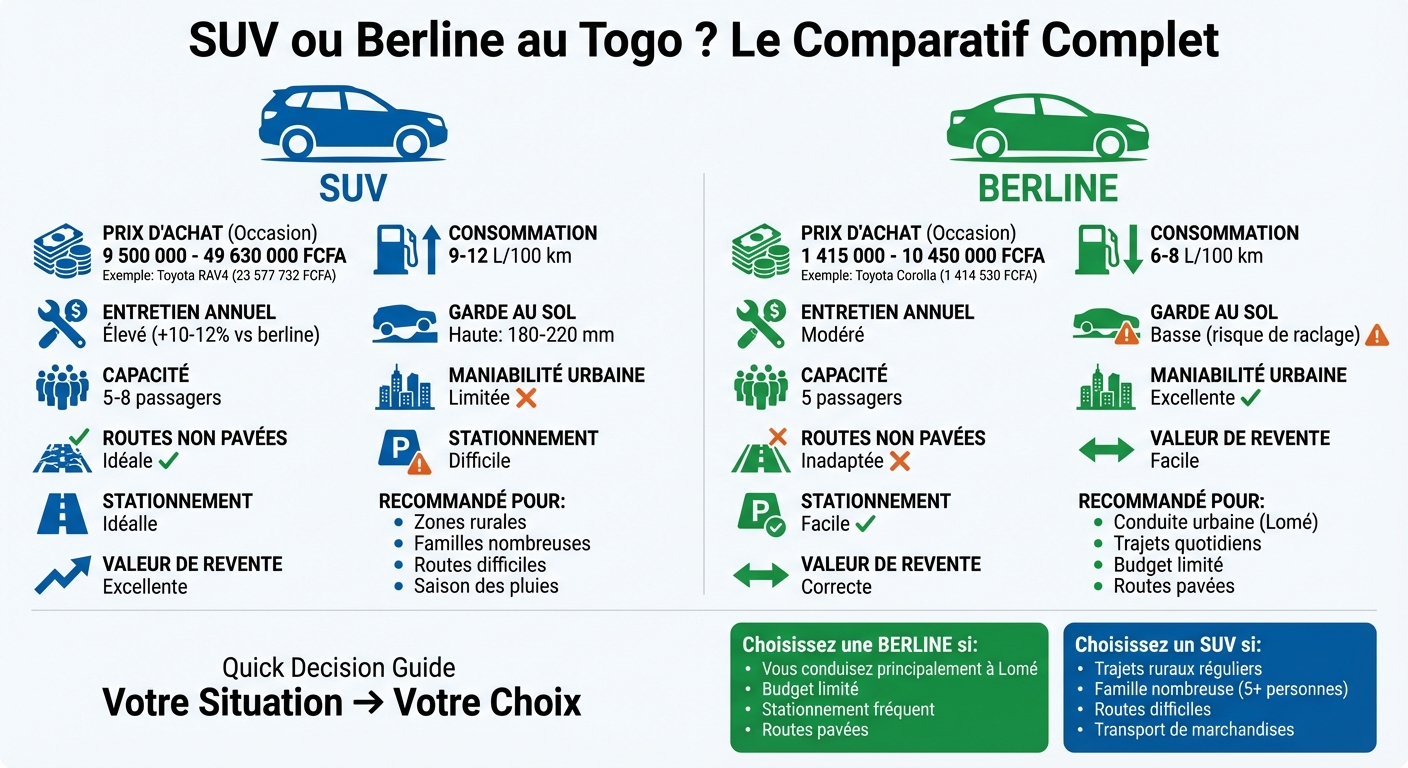 Comparatif SUV vs Berline au Togo : Prix, Consommation et Usage