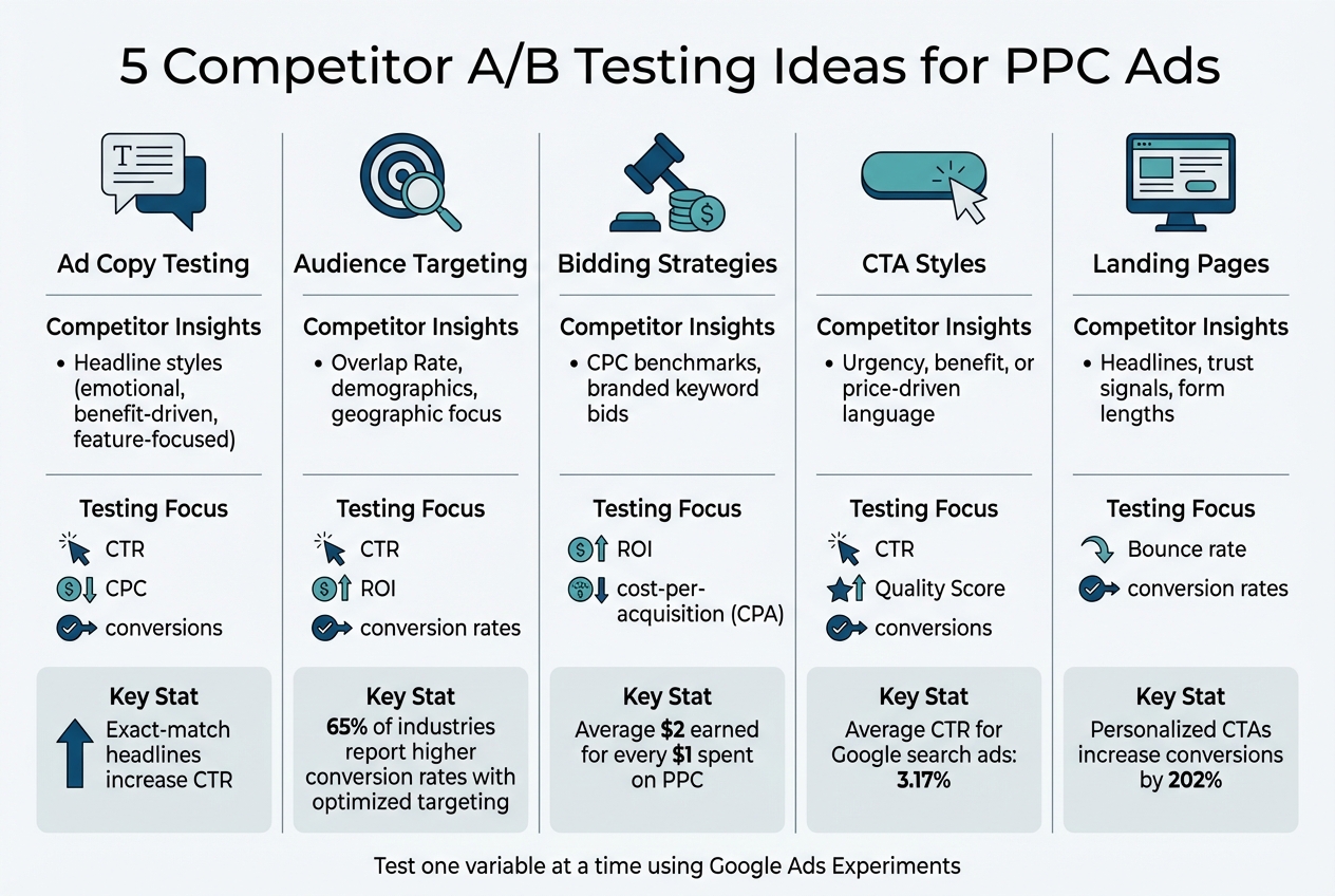 Chart comparing 5 PPC competitor A/B testing strategies for Google Ads including ad copy, bidding, and targeting